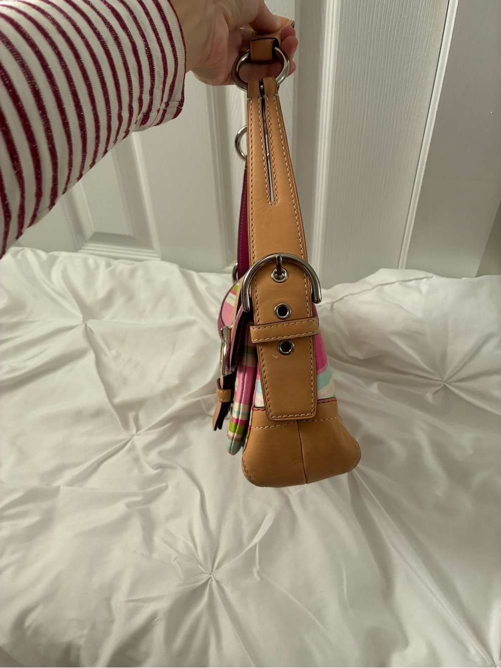 Coach Pink Striped Shoulder Bag with Tan Trim - Picture 4 of 6